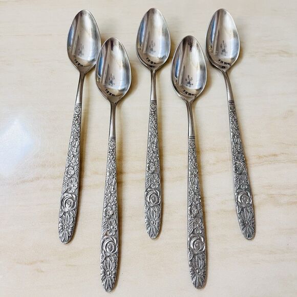5pc STANLEY ROBERTS SRB180 Stainless Floral Flatware Iced Teaspoon 7 1/8” VTG - Picture 1 of 7